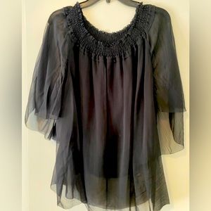Elie Tahari black sheer smocked neck tunic top with lining Size L